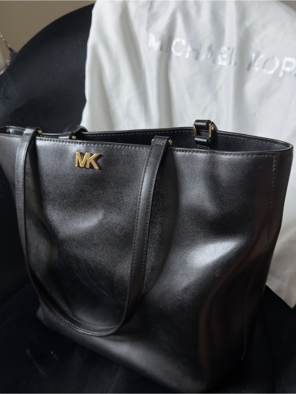 Michael Kors Black Leather Tote with Gold MK Emblem